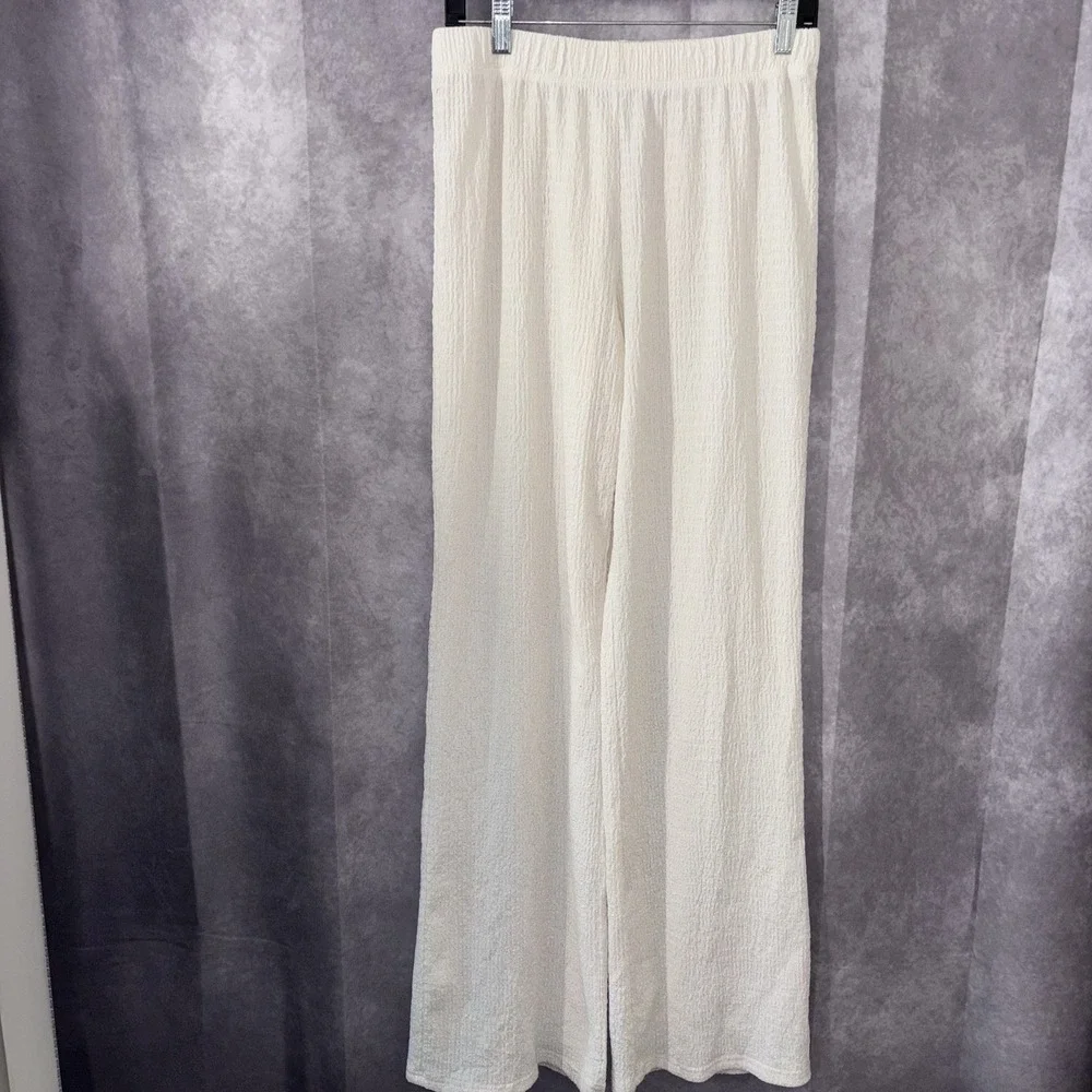 Miou Muse NEW Size Large Crinkle Cream Waist Stretch Crop Wide Leg Chic‎ Coastal
